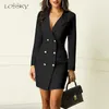 Lossky 재킷 여성 공식적인 긴 소매 코트 새로운 긴 가을 더블 브레스트 슬림 섹시한 숙녀 사무실 흰색 코트 착실히 보내다 2019 T190906