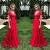 Czerwona koronka Przegląda Sukienki Prom 2019 Deep V Neck Szyfonowa Linia Suknie Wieczorowa Długość Piętro Zipper Back Formal Party Dress Tanie