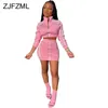 Zippers Striped Patchwork Two Piece Set Women Stand Collar Long Sleeve Crop Tops+High Waist Mini Skirts 2 Piece Female Tracksuit