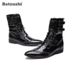 Batzuzhi الأزياء والأحذية الجلدية الرجال أشار تو بوتاس هومبر الرجال الكورية أسود اللباس الكاحل الأحذية الذكور الابازيم ، كبير US6-12