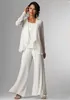 Cheap Mother of bride Suits Three Pieces With Jacket White Chiffon Lace Jewel Neck Long Sleeves Wedding Guest Dress Plus Size Mothers Dress