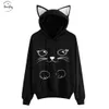 Fashion- Cat Drukuj Bluzy Kobiety Cat Ear Regular Cartoon Bluza z kapturem Kawaii Piękne Damskie Długie Rękaw Pullover Topy Harajuku Mujer