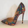 Casual Designer sexy lady new style fashion women dress shoes multi satin vitrail stained glass fabric stiletto pointy toe heels pumps 12cm 10cm big size 44