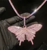 Hip Hop Rose Gold Butterfly Pendant Necklaces Pink Cuban Link Chain Tennis Chain For Men Women Iced Out Cubic Zircon Fashion Jewel3901806