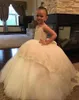 New Hot Puffy Flower Girls Dresses Spaghetti Straps Lace Appliques Beads Princess Ball Gown Big Bow Birthday Girls Communion Pageant Gowns