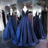 Seksi Derin V Boyun Mavi Gelinlik Modelleri Saten Lüks Boncuklu Kristal Sweep Tren Lace Up Geri Custom Made Örgün Akşam elbise Artı Boyutu