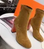 熱い販売 - 春秋女性実レザー唯一のオレンジブラックストレッチスエードの靴下のブーティはハイヒールの上に引っ張って6インチの足首のブーツ