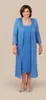 Vestido Mãe da Noiva Plus Size Renda Azul com Casaco Jaqueta Manga Comprida Coluna Altura do Chá Casamento Festa de Convidados Noite Formal Go294V