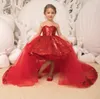 Sparkle Sequins Little Girls Pageant Dresses 2023 Removable Tulle Train Ballgown Hi Lo Kids Christmas Birthday Cocktail Party Gowns with Bow Custom Made High Low Red