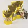Saco de folha de alumínio de pé dourado com janela transparente bolsa de plástico com fecho reutilizável Bolsa de armazenamento de alimentos LX2721