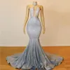 Sexy Silver Sequins Mermaid Prom Dresses 2019 Lace Appliques Fashion Formal Evening Dresses Ruffles Sweep Train Cocktail Party Gowns