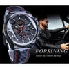 Forsining Black Racing Speed Mens Automático Assista SelfWind 3 Data Displanda Exibição de couro polido Sport Mechanical Clockship2030606