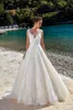 Sexy weiße Strand-böhmische Brautkleider, A-Linie, Spitze, Applikation, schiere Juwelenausschnitt, Illusionsrücken, Brautkleid, Brautkleider, Vestidos de Novia