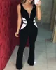 2019 Office Style Contrast Color Mesh Insert Jumpsuits Sleeveless Plunge V-neck Bodycon Party Long Playsuit T200107