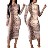 Klänningar 19ss ny ankomst kvinnors klänning designer för sommar lyxiga snakeskin tryck långärmad klänning vneck bodycon klänning sexig klubbstil