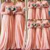 2020 뉴 라인 시폰 긴 소매 산호 신부 들러리 드레스 레이스 하녀의 명예 드레스 Vestido de Novia Prom Dress