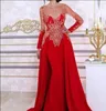 2018 Arabic Red Long Sleeves Mermaid Evening Dresses With Detachable Skirt crew Lace Beading applique Kaftan Formal Women Party Gown