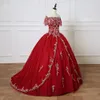 Burgundy Quinceanera Dresses 2023 Long Ball Gown Prom Dress Sweet Sweet 16 Girls Off Shou들어 슬라이버 자수 멍청이 15 anos