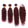 Vino rosso malese rosso malese e ondulato i capelli intrecciano 3 ranch con chiusura 4pcs lotto bordeaux bagnato e ondulato chiusura in pizzo 4x4 con bundle