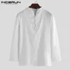 Couleur unie Hommes Chemise à manches longues en V Col Coton Draps 2019 Bouton Vintage Style chinois Hommes Vêtements Chemises occasionnelles S-3XL 7