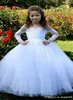 2020 Ucuz Dantel Güzel Çiçek Kız Elbise Düğün için Sırf Boyun Uzun Kollu Fildişi Çöp Kız Pageant Elbise Çocuklar Bebek Communions