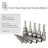 Freeshipping 10Pcs/lot 65mm 1/4" Hex Shank Metric Socket Wrench Screw 6-15mm Pneumatic Strong Power Magnetic Nut Driver Drill Bits Set
