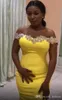 Aso Ebi arabe Dubaï jaune sexy sirène robes de soirée cristaux perlés satin étage longueur robes de bal robes de soirée formelles robes de soirée