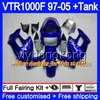 Kropp för Honda VTR1000F Superhawk 97 98 99 03 04 05 Gröna flammor 256HM.44 VTR 1000 F 1000F VTR1000 F 1997 1998 1999 2003 2004 2005 Fairing