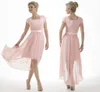 Rosa blygsamma brudtärna klänningar långa med korta ärmar Chiffon Short Front Back Country Bridesmaids Party Dresse