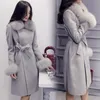 Otoño Invierno Moda Elegante Mujer caliente Abrigo largo de lana Cuello desmontable Cuello de piel Mezcla de lana Abrigo y chaqueta Sólido Abrigos de mujer Tamaño S-XXL