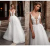 Glitter Tulle Empire Waist Berta Wedding Dresses 2020 Floral Lace Sheer Scoop Plunging Garden Wedding Gowns Vestidos De Novia Bridal Dress
