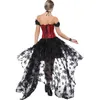 Women Valentine's Day Outfit 2pcs Set Burlesque Corset Dress with Puff Sleeve Sequins Overbust Corset Top and A Mesh Floral Lace Hi-lo Skirt