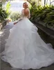 Vintage Ball Gown Wedding Dresses Princess 2020 Long Sleeve Open Back Appliques Lace Tulle Tiered Skirt Bridal Wedding Gowns