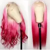 PRE PLUCKED 13x4 Spets Front Wig Rose Pink Straight Wig Brazilian Virgin Ombre Blue Color