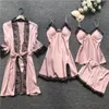 4Pcs/Lot Sexy Women's Robe & Gown Sets Lace Bathrobe + Night Dress Sleepwear Womens Sleep Set Faux Silk Robe Femme Lingerie Set CX200606