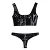 Dames Latex Lingerie Pak Wetlook Lakleer Rits Bikini Lingerie Set Mouwloze Crop Top met Mini Slips Ondergoed300L