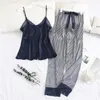 Pijamas para mujer con pantalones largos, satén, seda helada, cuello en V, correa a rayas, ribete de encaje, ropa de dormir Sexy, camisón, conjunto de ropa interior para mujer