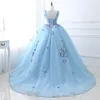 2019 Mais Novo Luz Azul Quinceanera Vestidos Borboleta Apliques Em Estoque 100 Real Po Longo Formal Prom Vestidos de Noite Vestido L8886266