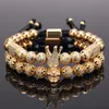 2pcs/set Charm Luxury Gold Bracelet Men Male Stainless Steel Beads Crown Cz Zircon Braided Female pulseira Gift Valentine's Day Holiday Christmas