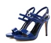 حار بيع-جديد الأحذية الجلدية الصنادل الجلدية مع رقيقة عالية الكعب الإناث فائقة مثير الأزياء للماء الصلبة الأبيض الأسود الصنادل الصيفية الزرقاء