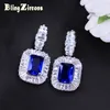 Moda Bridal Wedding Ladies Royal Jewelry CZ Crystal Inlay Dark Blue Square Cubic Cyrkon Big Oświadczenie Drop Kolczyki E157