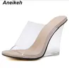 Aneikeh Summer New Fashion PVC Transparent Wedges Slippers Open Toe Perspex Heel Women High Heel Crystal Women's Shoes Black