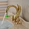 Soild Copper Gold Finish Bathroom Faucet Luxury Golden Swan Shape Basin Tap Dual Handle Deck Mount5327886