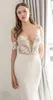 Vino Mermaid Julie Satin Dresses Sheer Neck Short Sleeve Lace Wedding Dress Sweep Train Beads Boho Beach Bridal Gowns