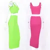 Feefair Two Piece Women Summer Set Neon Pink Green Orange Off Shoulder 2 PCS Party Club Ribbed Stickad Sexig Midi Dress MX200518