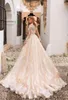 2019 New Beautiful Champagne Mermaid Wedding Dresses Off Shoulders Lace Appliques Sheer Long Sleeves Tulle Long Bridal Gowns BC5
