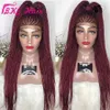 Wysokiej Jakości Long Box Braid Wig Plecionka Syntetyczna Koronka Przednia Peruka Czarna / Burgundia Czerwony Kolor Cornrow Warkocze Koronkowe Peruki dla Czarnych Kobiet