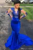 Date Élégant Bleu Royal Robe De Bal Sirène Bijou Manches Longues En Dentelle Appliques Sheer Tulle Étage Longueur Pas Cher Robe De Soirée Plus La Taille