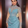 Новый арабский синий выпускной выпускной высокий шея с длинными рукавами Sier Crystal Beading Beeck Ruffles Plus Formal Party Dress Fore Party Press Wear 403