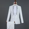 Men White Blue Crystal Embroidery Dress Suit Wedding Groom Tuxedo Pants Suits Chorus Singer Host Concert Stage Blazer Trousers Outfits Banquet Party 2 Piece Set